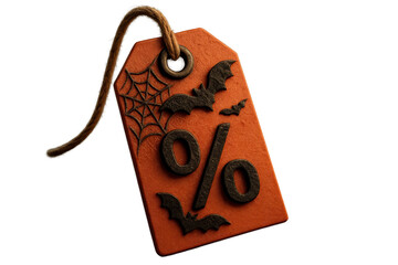 3d halloween sale spooky discount promotion shopping offer tag features black bat and spider web design on orange label creating festive and eerie atmosphere for seasonal deals