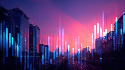 Cityscape at dawn overlaid with financial data