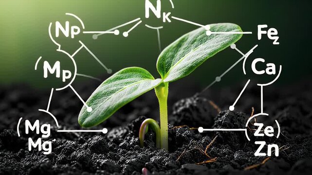 Green Sprout Emerging from Dark Soil with Nutrient Elements Diagram