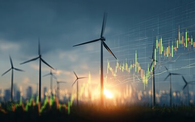 Wind turbines at sunset, overlaid with financial charts (2)