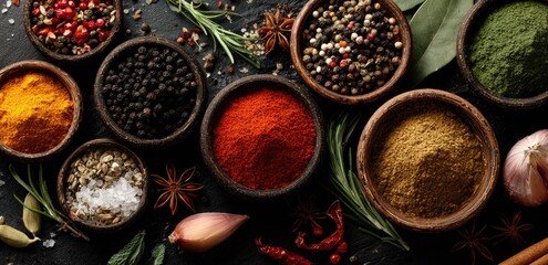 Assorted spices and herbs in small bowls on a dark surface