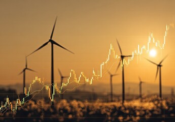 Wind turbines at sunrise, overlaid with a rising stock chart
