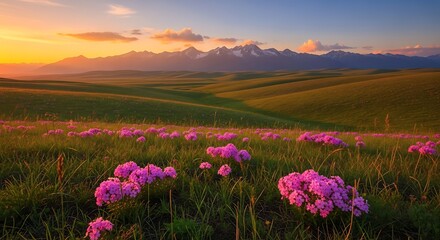 Fototapeta premium Vibrant Pink Flowers in a Lush Green Field with Majestic Mountains at Sunset.