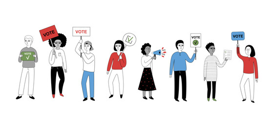 Vector illustration of diverse people holding vote signs, ballots and megaphones, minimalistic flat design on white background.