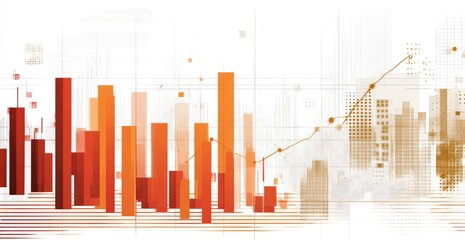 Abstract graphic of orange/red bar charts overlaid with cityscape elements on a white background