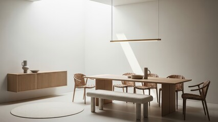 Modern minimalist dining room with natural light and Scandinavian-inspired decor