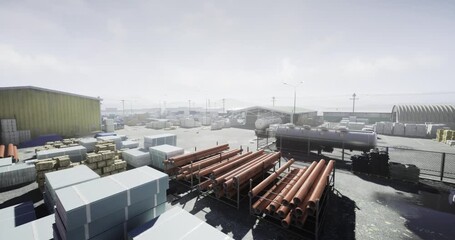 A vast industrial area showcases various stacks of construction materials and storage units under a clear sky. Workers move around, engaging in day to day operations. - Powered by Adobe