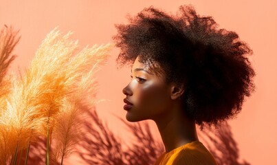 Attractive mixed-race Black African American female model against a peach fuzz background, with strong shadows. The editorial image emphasizes beauty and fashion concepts, Generative AI