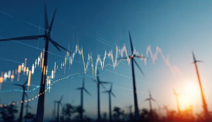 Wind turbines overlaid with financial charts at sunset