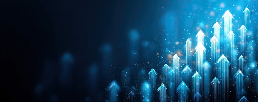 Abstract graphic of many upward-pointing arrows, glowing light trails, and particles on a dark blue background
