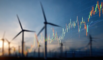 Wind turbines and stock chart overlay at sunset