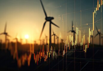 Wind turbines and solar panels with overlaid financial chart at sunset