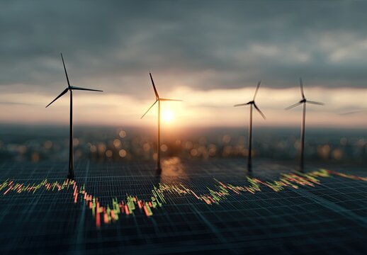 Wind turbines stand over city skyline, financial charts below