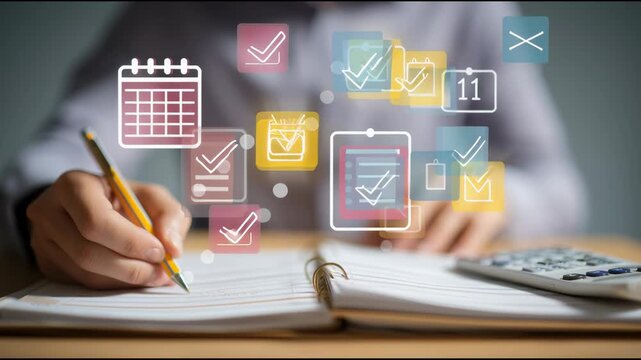 Business planning session with calendar and checklist icons floating above the desk
