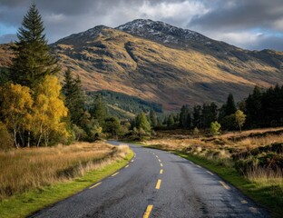 Fototapeta premium Winding road leads towards a mountain under a cloudy sky, bordered by autumn foliage