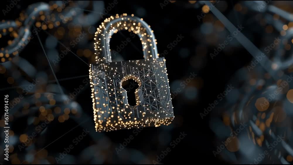 Aufkleber close-up of digital lock symbol over blockchain nodes, high-tech cyber network background, realistic