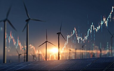 Wind turbines and solar panels at sunset, overlaid with financial charts (6)