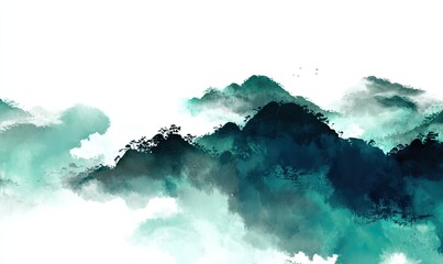 Misty mountain range with soft brushstrokes of teal and dark green on a white background