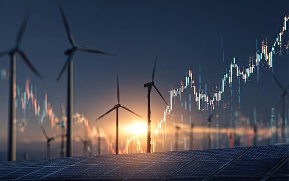 Wind turbines and solar panels at sunset, overlaid with financial charts (6)