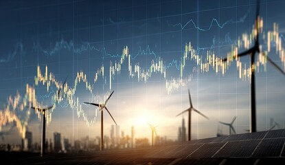 Wind turbines, solar panels, and financial charts over a city skyline at dawn