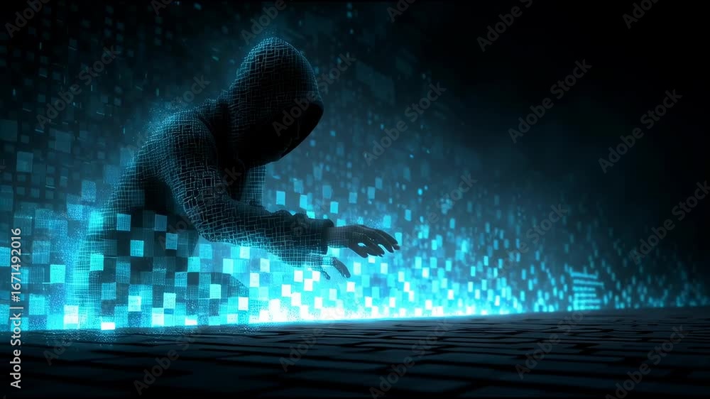 Poster hacker attempting to breach blockchain security wall, glowing firewall defense system, dark futurist