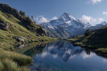 Naklejka premium Mountain lake reflecting a snowy peak. Lush, verdant valleys surround a tranquil alpine lake