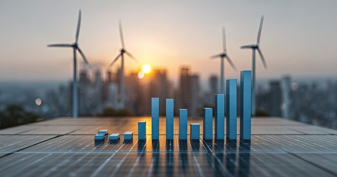 Solar panels with rising bar graph and wind turbines