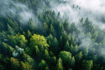 Verdant forest canopy shrouded in a misty haze. Aerial view