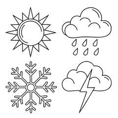 Weather icons set featuring sun, cloud with lightning, snowflake, and cloud with rain, perfect for illustrating diverse weather conditions and seasons