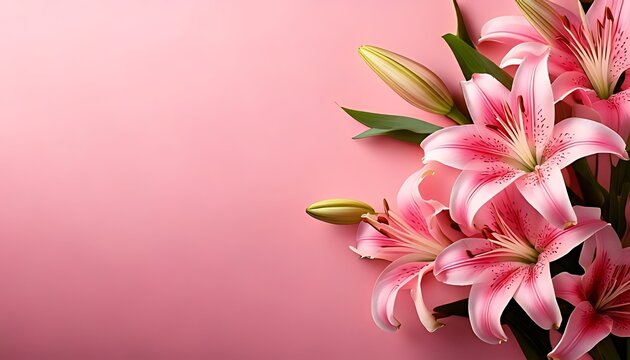Pink lilies arranged on a pink background, creating a delicate and elegant floral composition