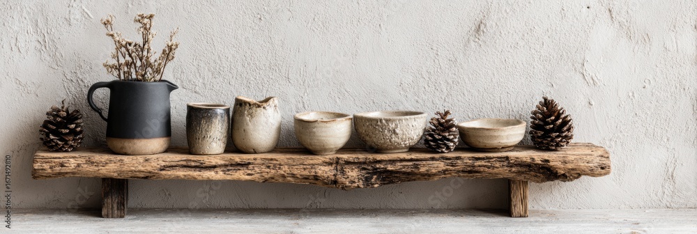 Aufkleber decorative shelf display featuring handmade pottery and natural elements in a minimalistic setting