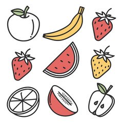 Illustration of various fruits, including apple, banana, strawberry, watermelon, orange, and kiwi, in a simple and colorful style perfect for healthy food concepts