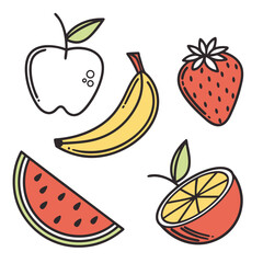 Illustration of various fresh fruits, including banana, strawberry, watermelon, and apple, perfect for healthy eating and summer themed designs