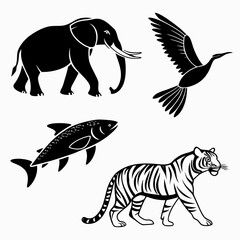 Silhouette illustration of various animals, including elephant, bird, fish, and tiger, perfect for wildlife and nature themed designs