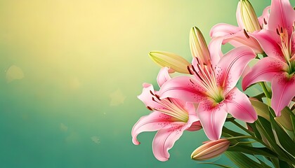 Fototapeta premium Pink lilies bouquet against a soft, light green and yellow background