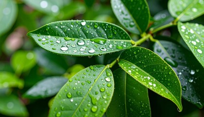 Close-up macro view of fresh green leaves adorned with glistening raindrops, capturing the essence of new growth and a vibrant spring garden