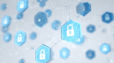 Abstract network of interconnected hexagonal shapes, each with a light blue lock icon, on a light gray background