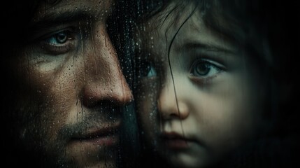 Father and child through rain streaked window
