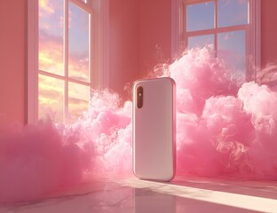Pink-hued room, smartphone, clouds