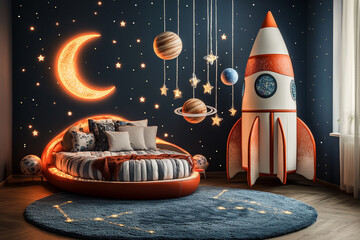 A fun space-themed bedroom for kids, featuring a rocket-shaped bed, glow-in-the-dark star decals on the walls, and a mobile of planets hanging from the ceiling. 