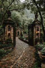 Stone path, grand gates, lush greenery