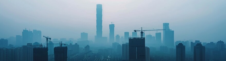 Fototapeta premium Silhouettes of numerous skyscrapers and cranes dominate the skyline during dusk, creating a striking urban landscape shrouded in haze