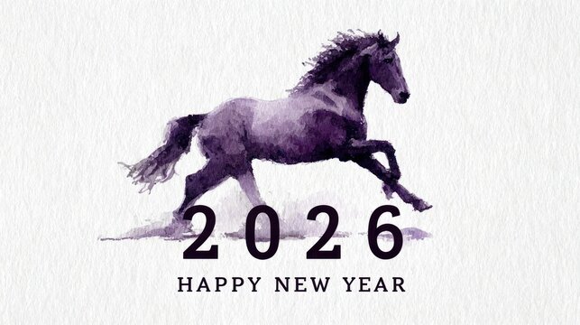 Purple watercolor horse silhouette on white background with "2026" text, minimalist happy new year card design. Elegant flat vector illustration with simple shapes, ample white space