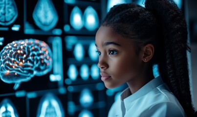 Young ambitious disabled Black schoolgirl in a wheelchair, looking at an artificial intelligence brain scan. The image represents future generations aspiring to careers in STEM fields, Generative AI