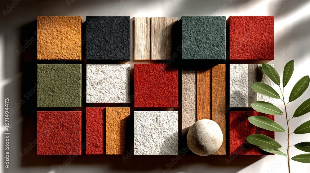 Poster a colorful mosaic of different colored blocks and a white ball. the blocks are arranged in a way tha