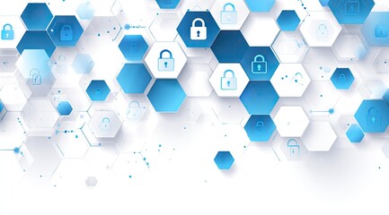 Abstract background of overlapping hexagons, light blue and white, with lock icons, creating a sense of security and technology