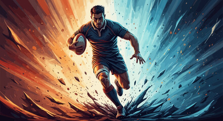 A dynamic digital illustration of a powerful rugby player running with the ball amidst an explosive background of orange and blue energy.