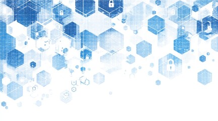Abstract graphic of overlapping blue hexagons with security symbols, fading to white