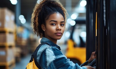 Young Black female forklift driver working in an industrial factory warehouse. This image highlights women in traditionally male-dominated roles, promoting gender equality changing, Generative AI