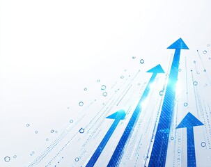Abstract graphic with three upward-pointing, stylized blue arrows on a light-gray background;  subtle, digital effect of lines and dots